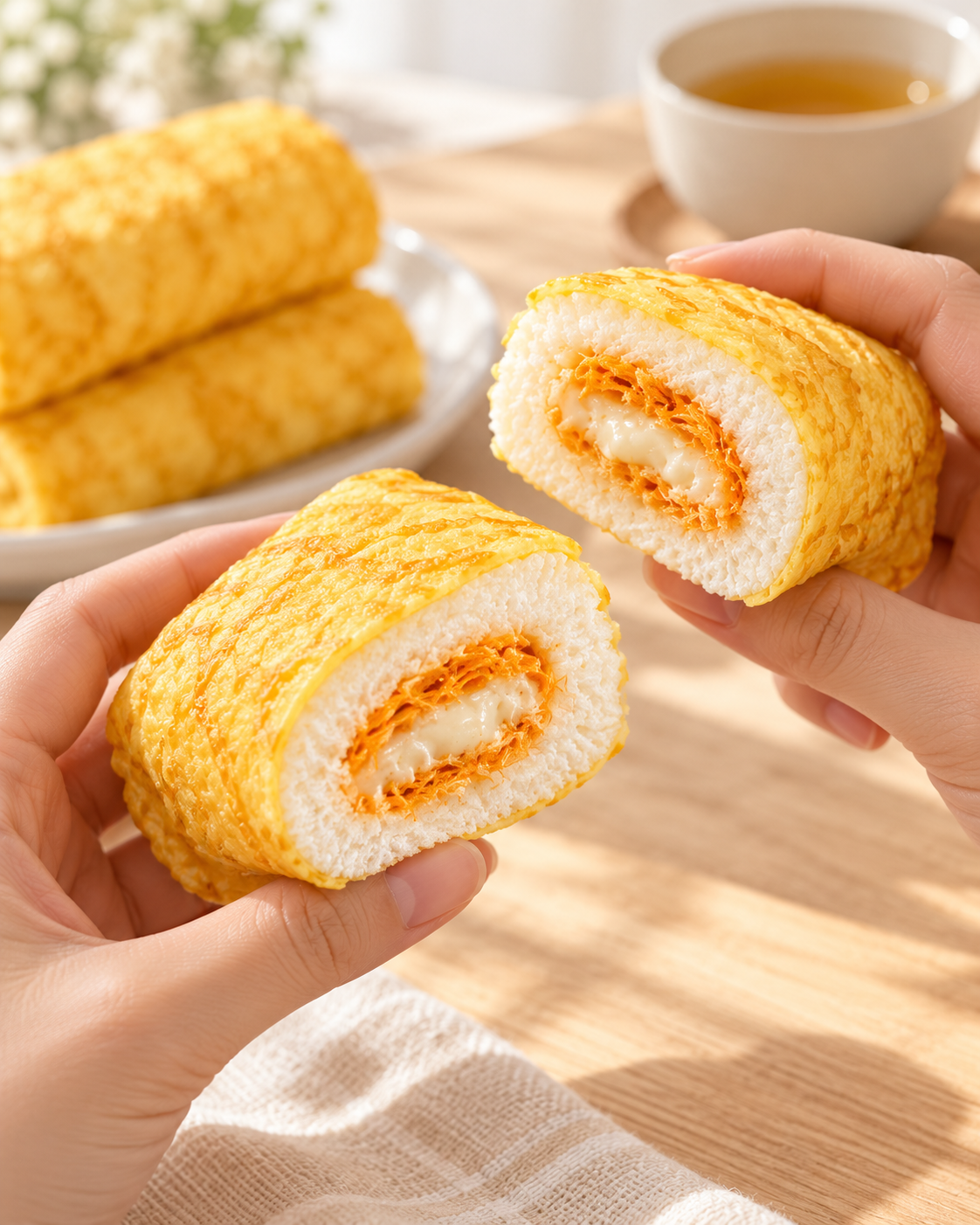Ảnh minh họa bánh da trứng với lớp bánh mềm, nhân kem và chà bông