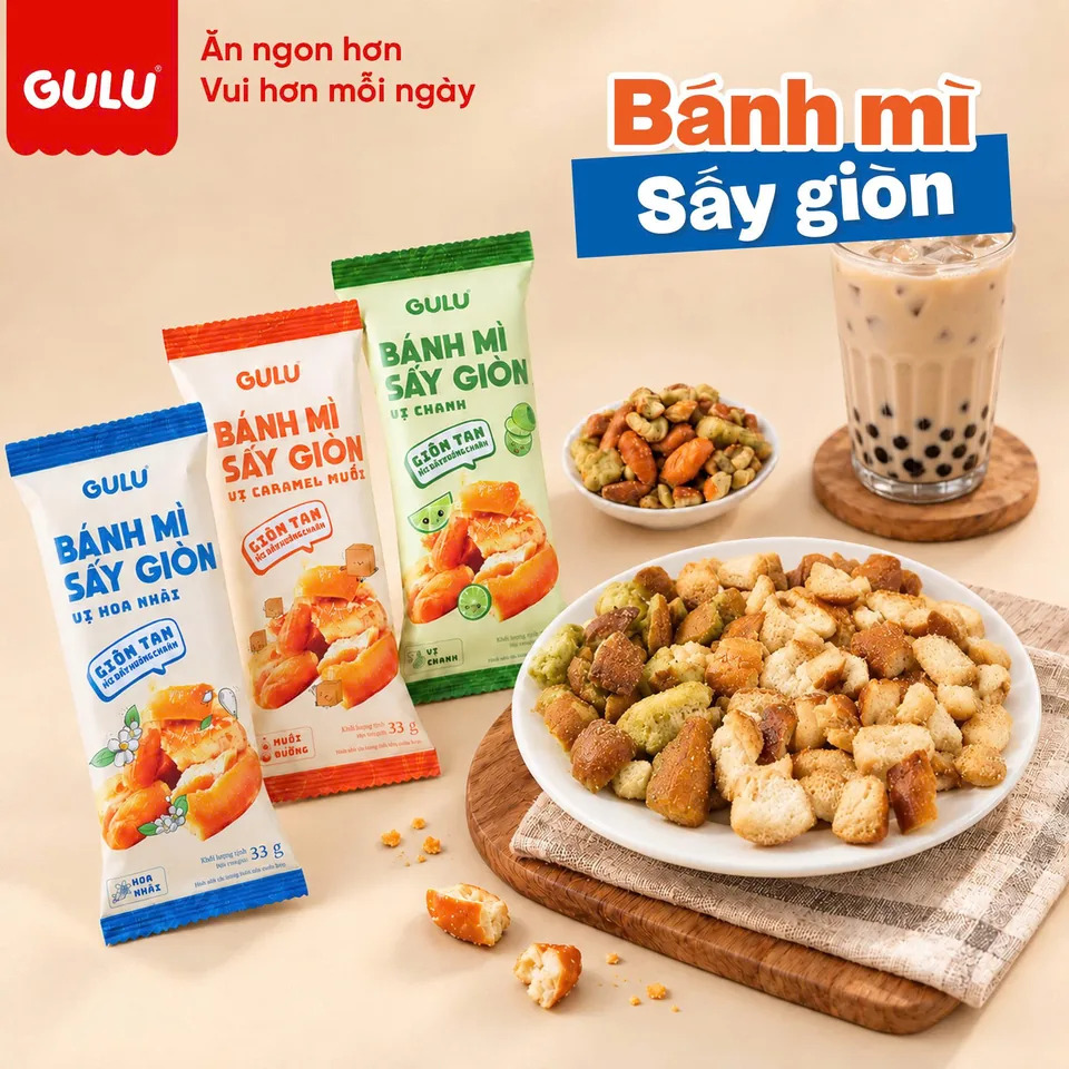 Bánh mì sấy giòn GULU vị caramel muối, chanh, hoa nhài